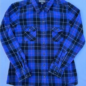 Eddie Bauer Women’s Flannel Shirt Large Blue Plaid Button Front 100% Cotton